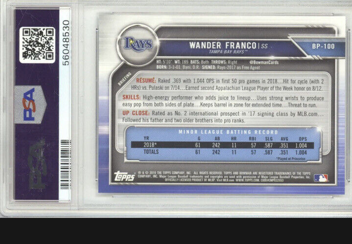 WANDER FRANCO 2019 BOWMAN BP100 1ST BOWMAN RC PSA 9 TAMPA BAY RAYS