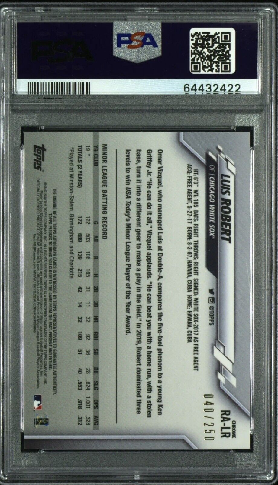 2020 Topps Chrome Luis Robert Purple Refractor /250 Rookie RC Auto 10 PSA 9