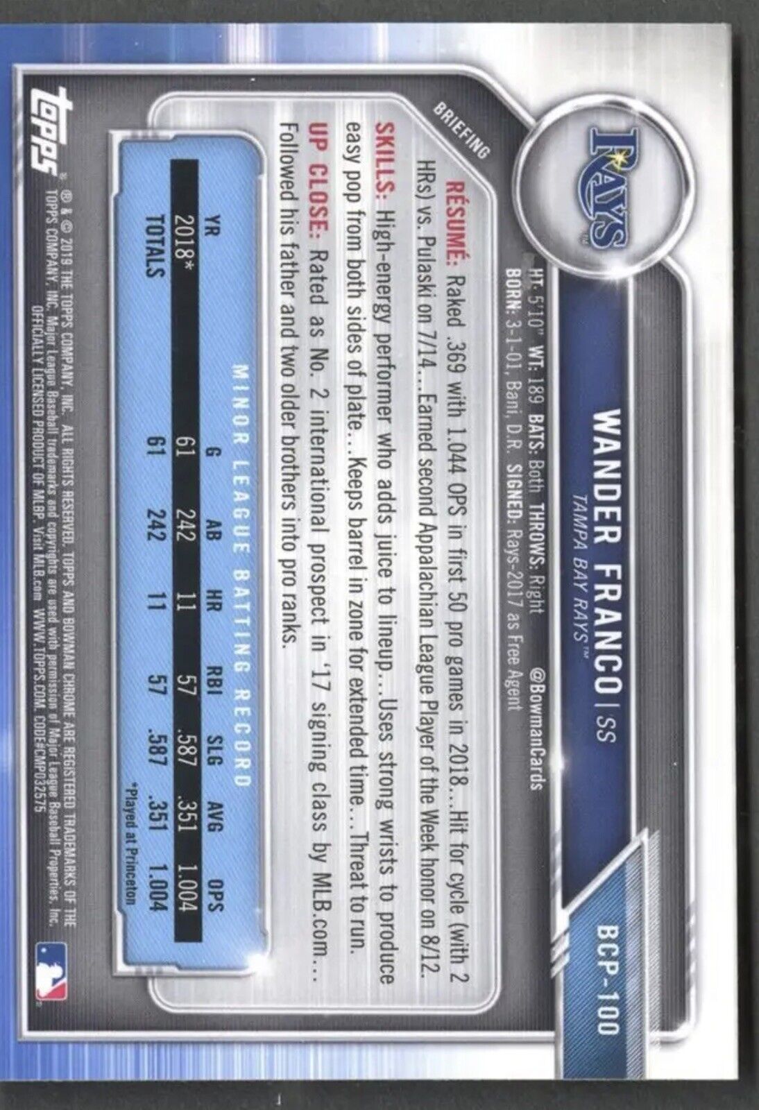 2019 Bowman Chrome Wander Franco 1st Prospect #BCP-100