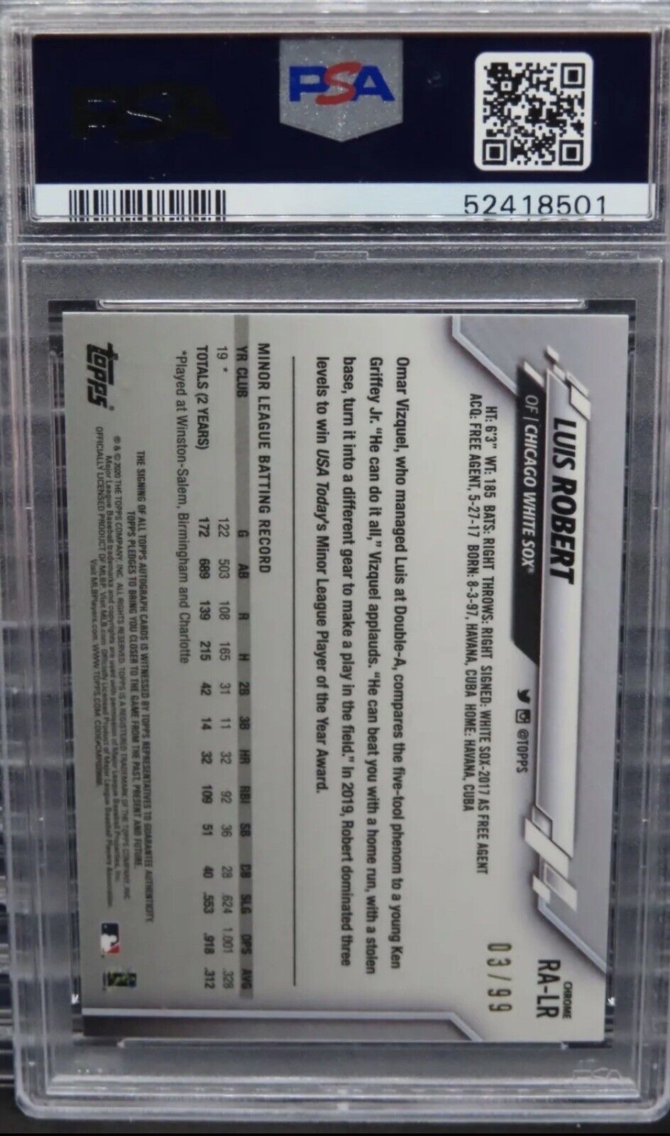 2020 Topps Chrome Luis Robert Green Refractor Rookie Auto RC #03/99 PSA 8