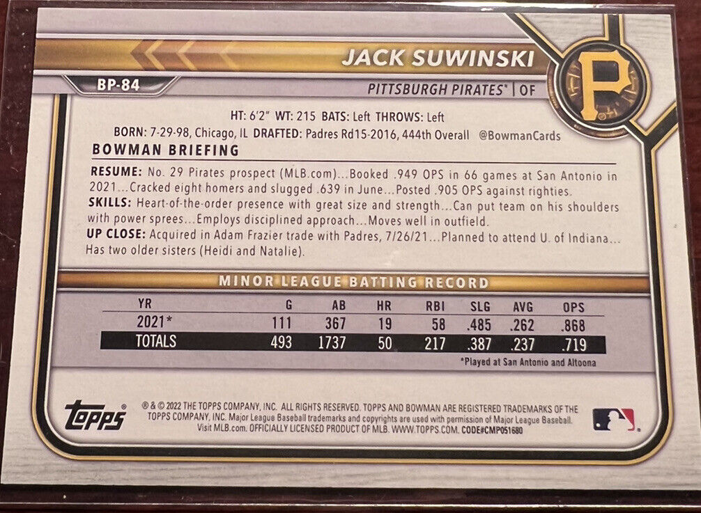 2022 Bowman Jack Suwinksi 1st Green Parallel /99 NM-MT Prospect Rookie RC Pirate
