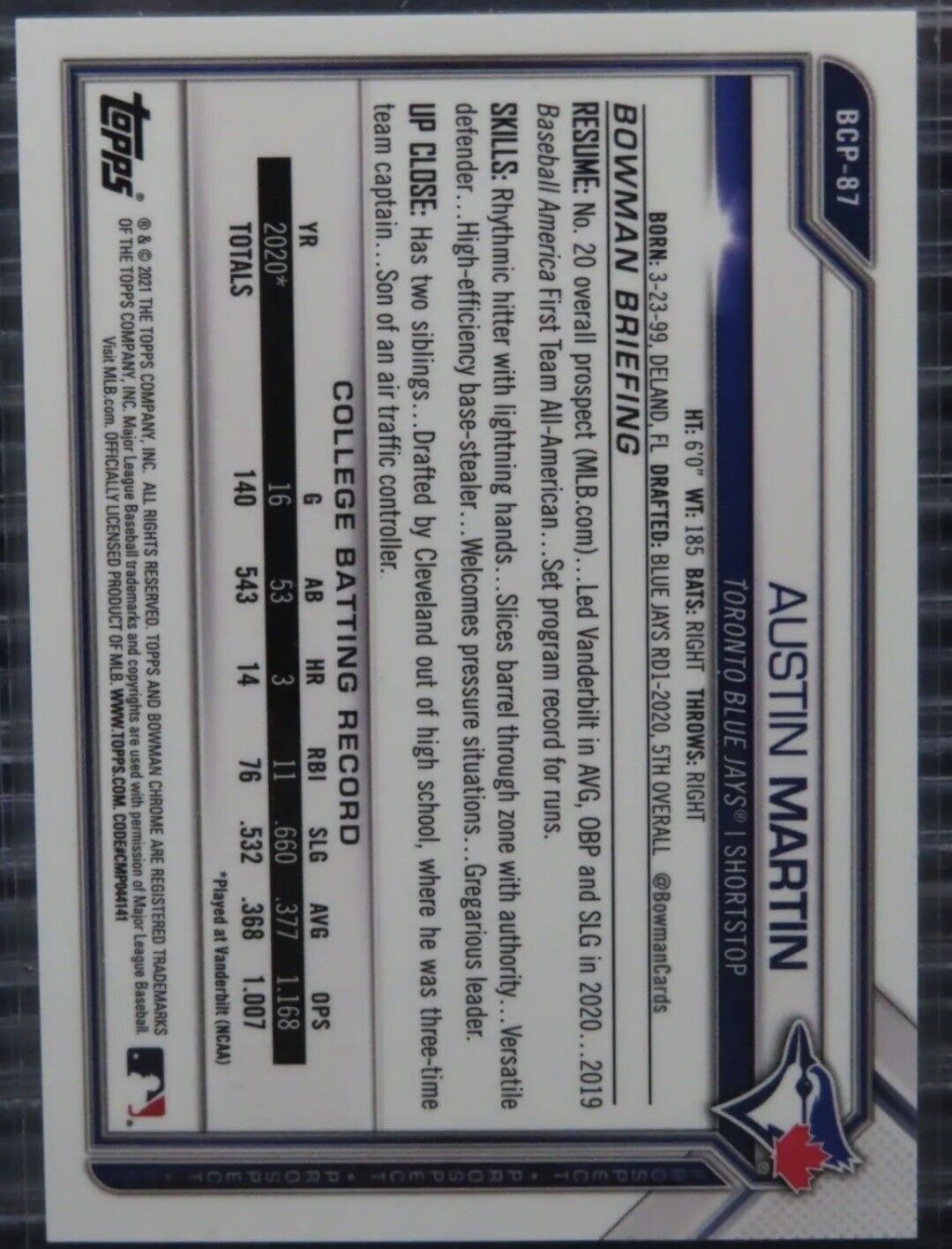 2021 Bowman Chrome Austin Martin Aqua Refractor Prospect 1st #39/125 RC Twins