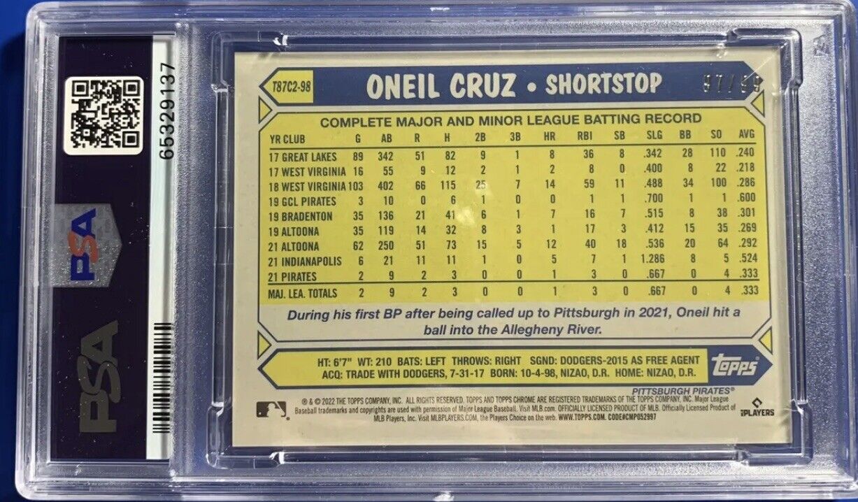 2022 Topps Series 2 Oneil Cruz Silver Pack Green Mojo Rookie /99 PSA 9 Pirates