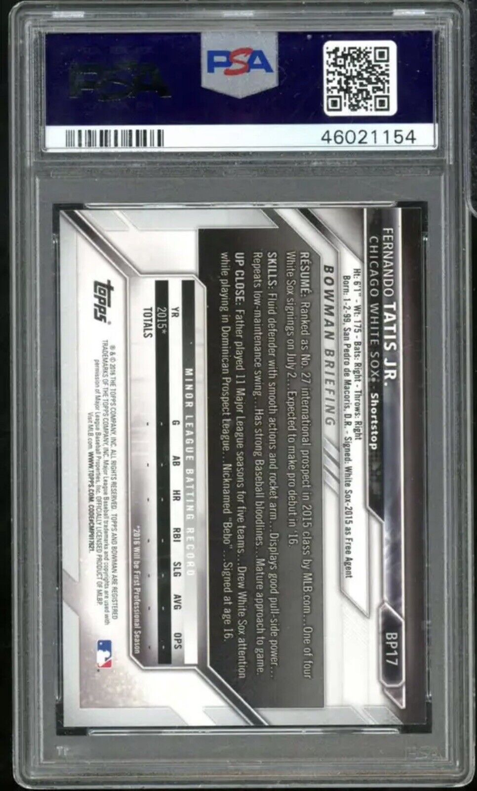 2016 BOWMAN PROSPECTS FERNANDO TATIS #BP17 ROOKIE CARD RC PSA GEM MT 10 Padres