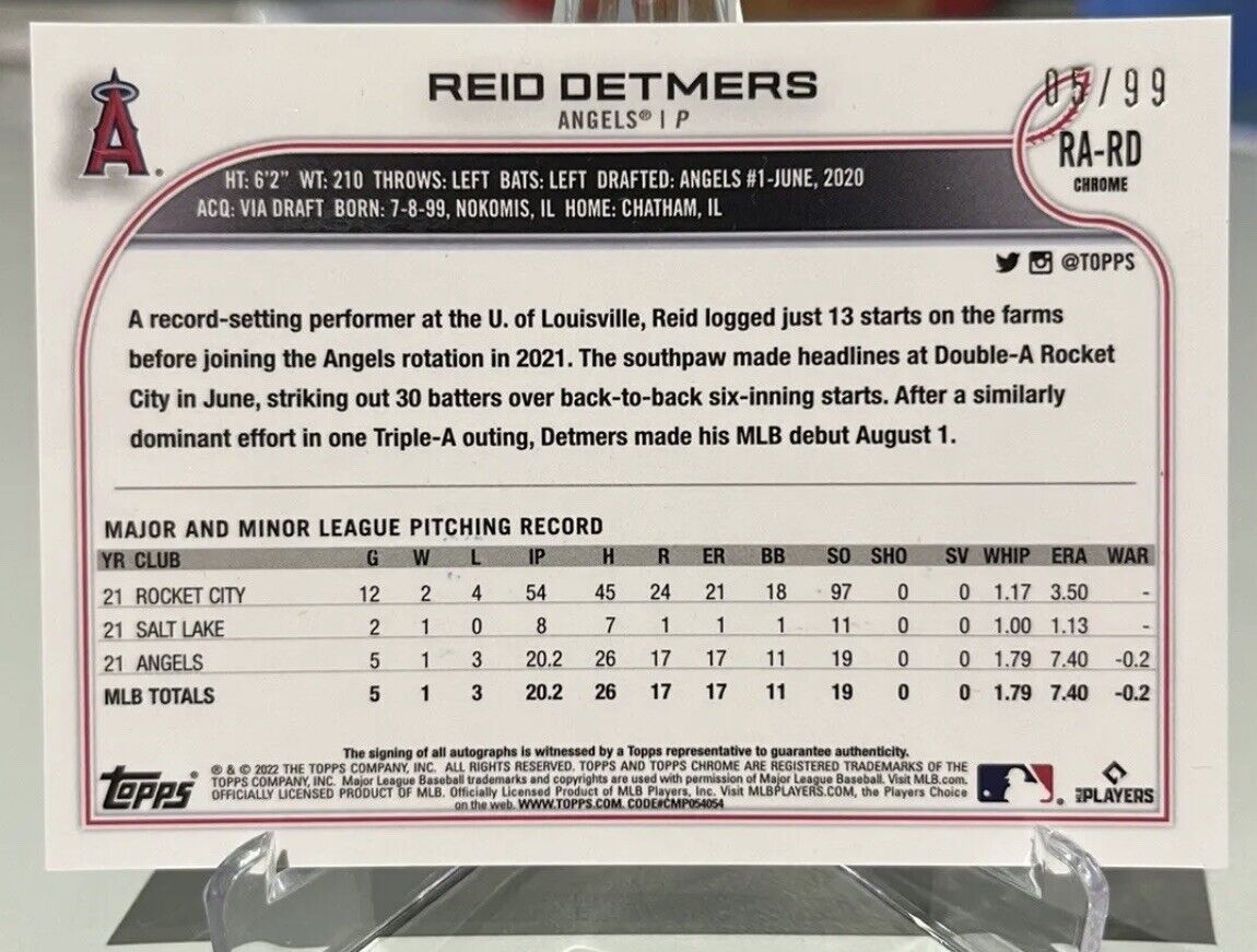 2022 Topps Chrome Reid Detmers Rookie Auto Green Refractor 05/99 Angels RA-RD