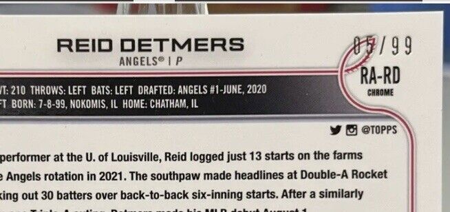 2022 Topps Chrome Reid Detmers Rookie Auto Green Refractor 05/99 Angels RA-RD