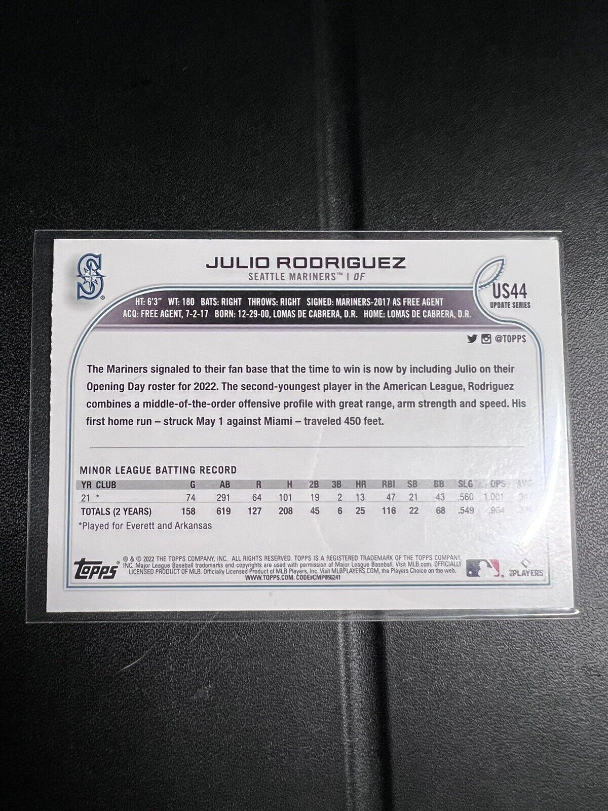 JULIO RODRIGUEZ 2022 Topps Update #US44 Rookie RC Seattle Mariners
