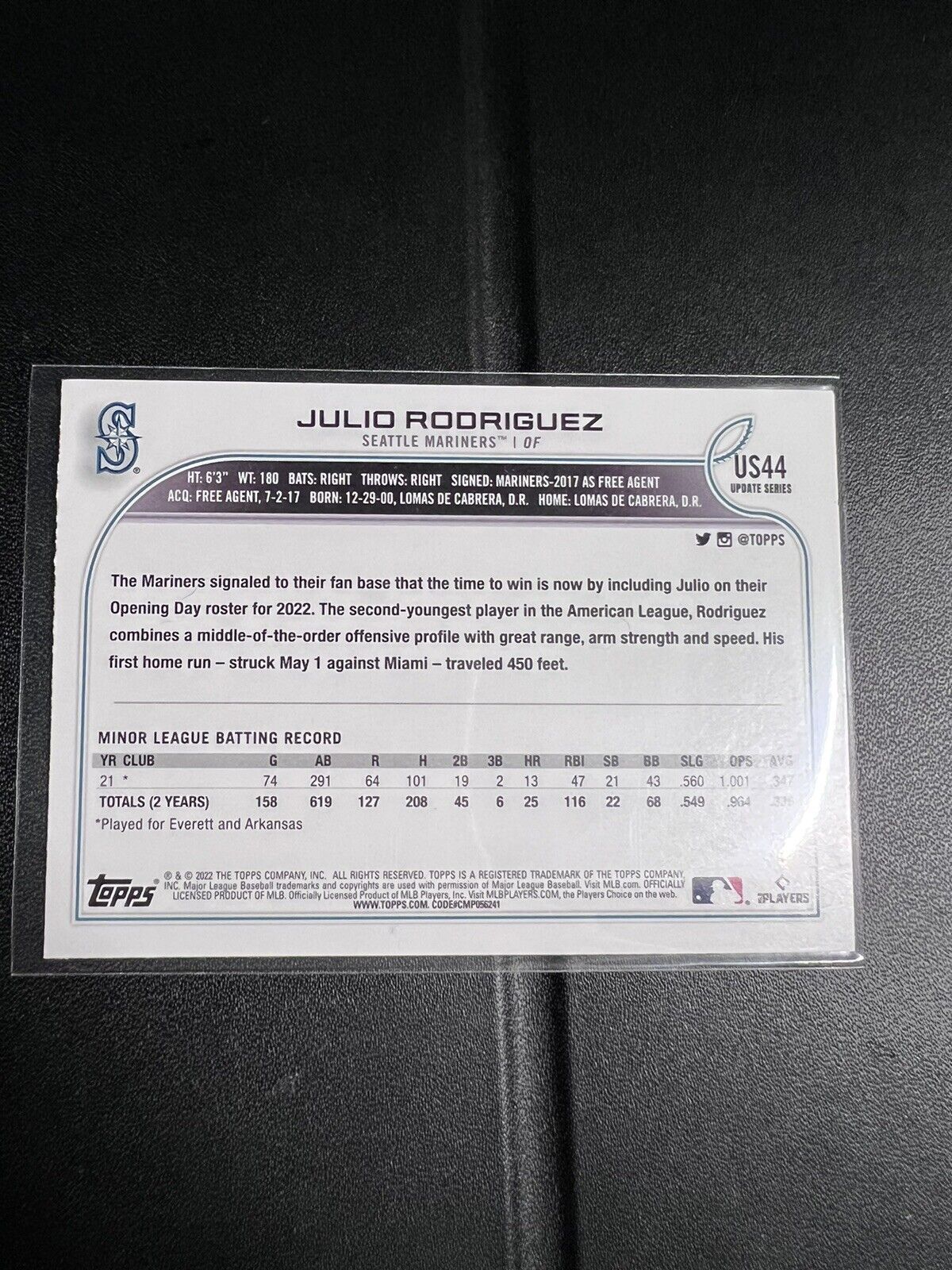 JULIO RODRIGUEZ 2022 Topps Update #US44 Rookie RC Seattle Mariners