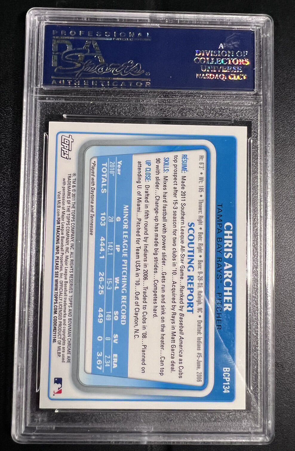 2011 bowman chrome chris archer auto psa 9 Prospect Autograph Tampa Bay rays