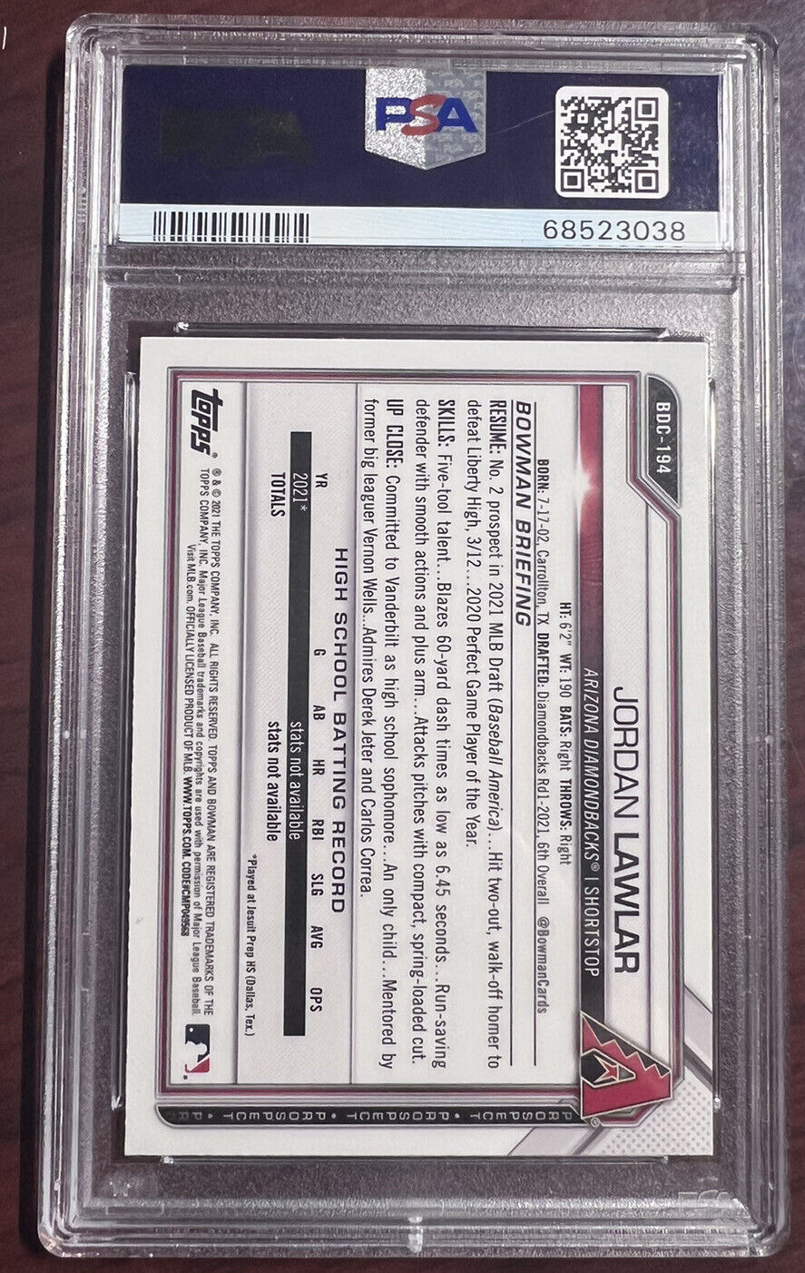 JORDAN LAWLAR 2021 BOWMAN CHROME DRAFT #BDC194 1ST RC D'BACKS PSA 10 GEM MINT