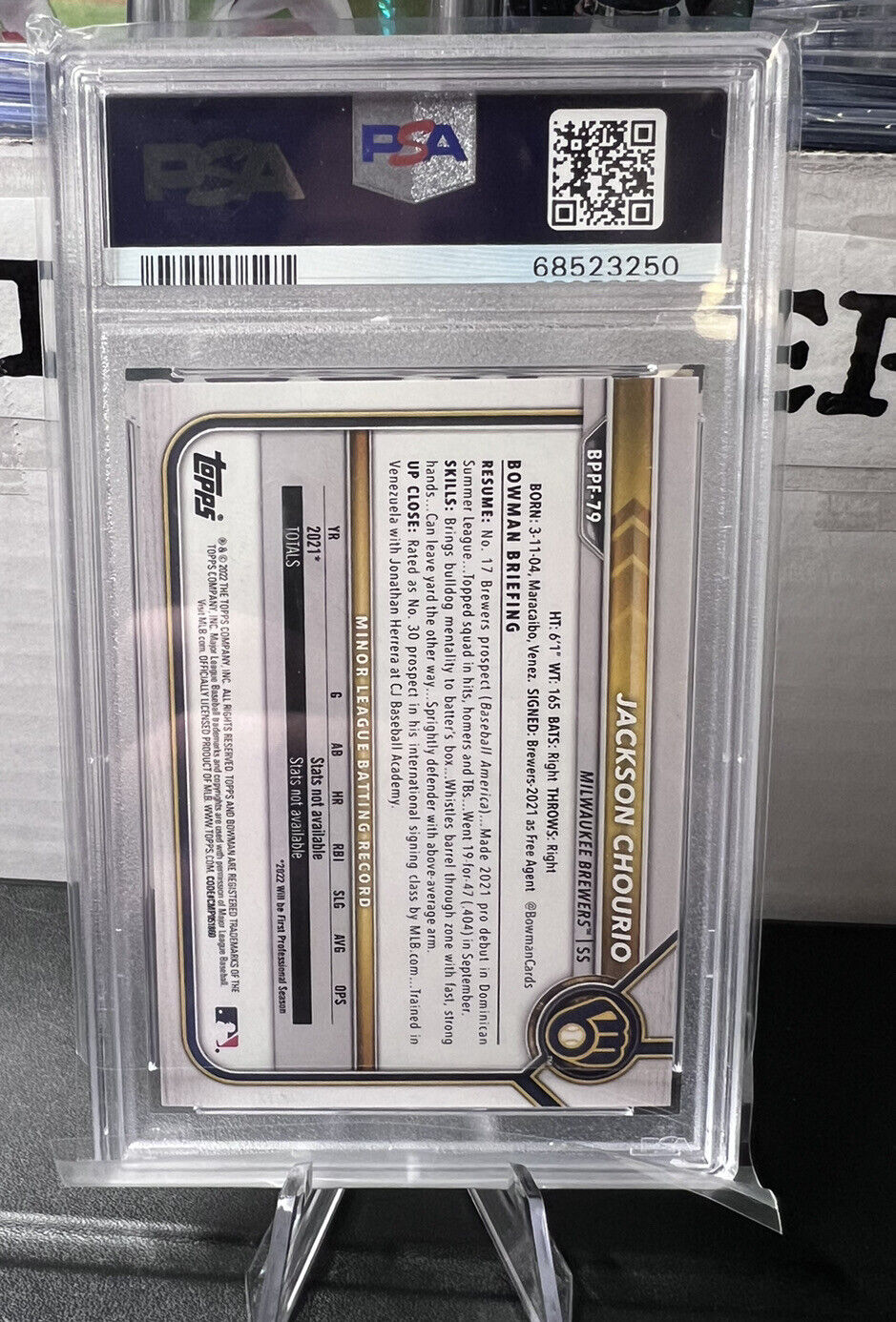 2022 Bowman 1st First Edition Jackson Chourio #BPPF79 PSA 10 GEM MINT Brewers