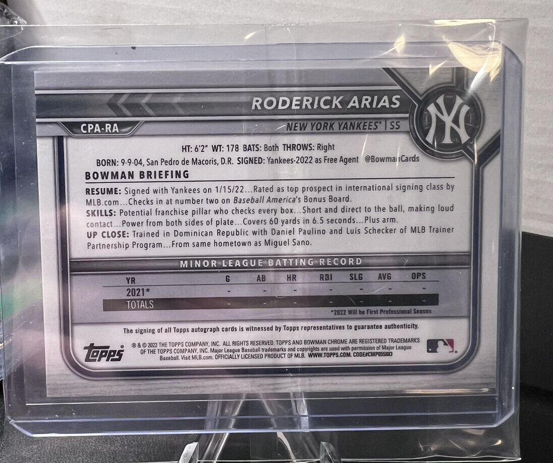 Roderick Arias 2022 Bowman Chrome 1st Auto RC Yankees CPA-RA *QTY*