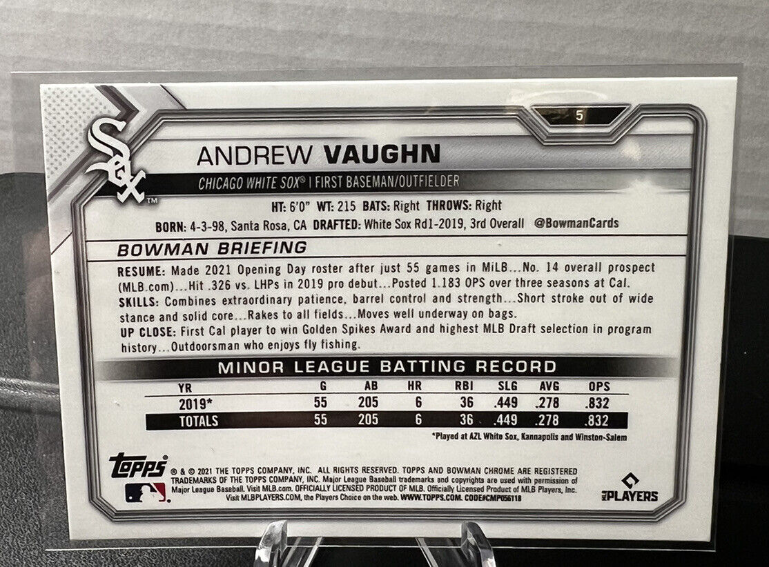 2021 Bowman Chrome Sapphire ANDREW VAUGHN Rookie Card RC #5 Chicago White Sox