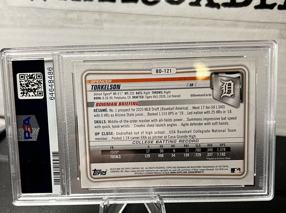 2020 Bowman Prospects Spencer Torkelson Rc #BD121 PSA 10 1st Bowman Tigers