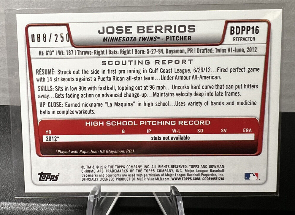2012 1st Bowman Chrome Jose berrios/250 blue refractor RC Twins Blue Jays