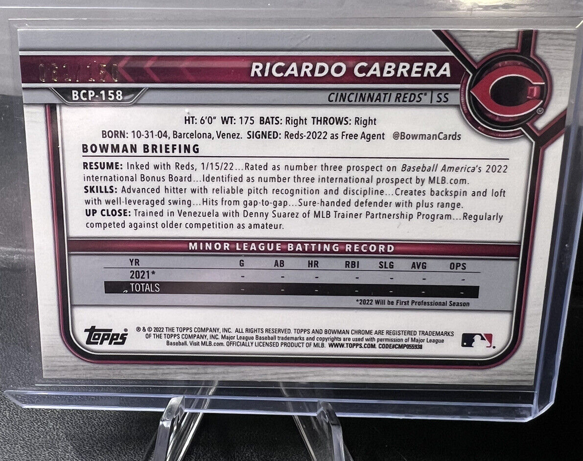 2022 Bowman Chrome Ricardo Cabrera #BCP-158 BLUE REF #/150 + Megabox Mojo REF!!