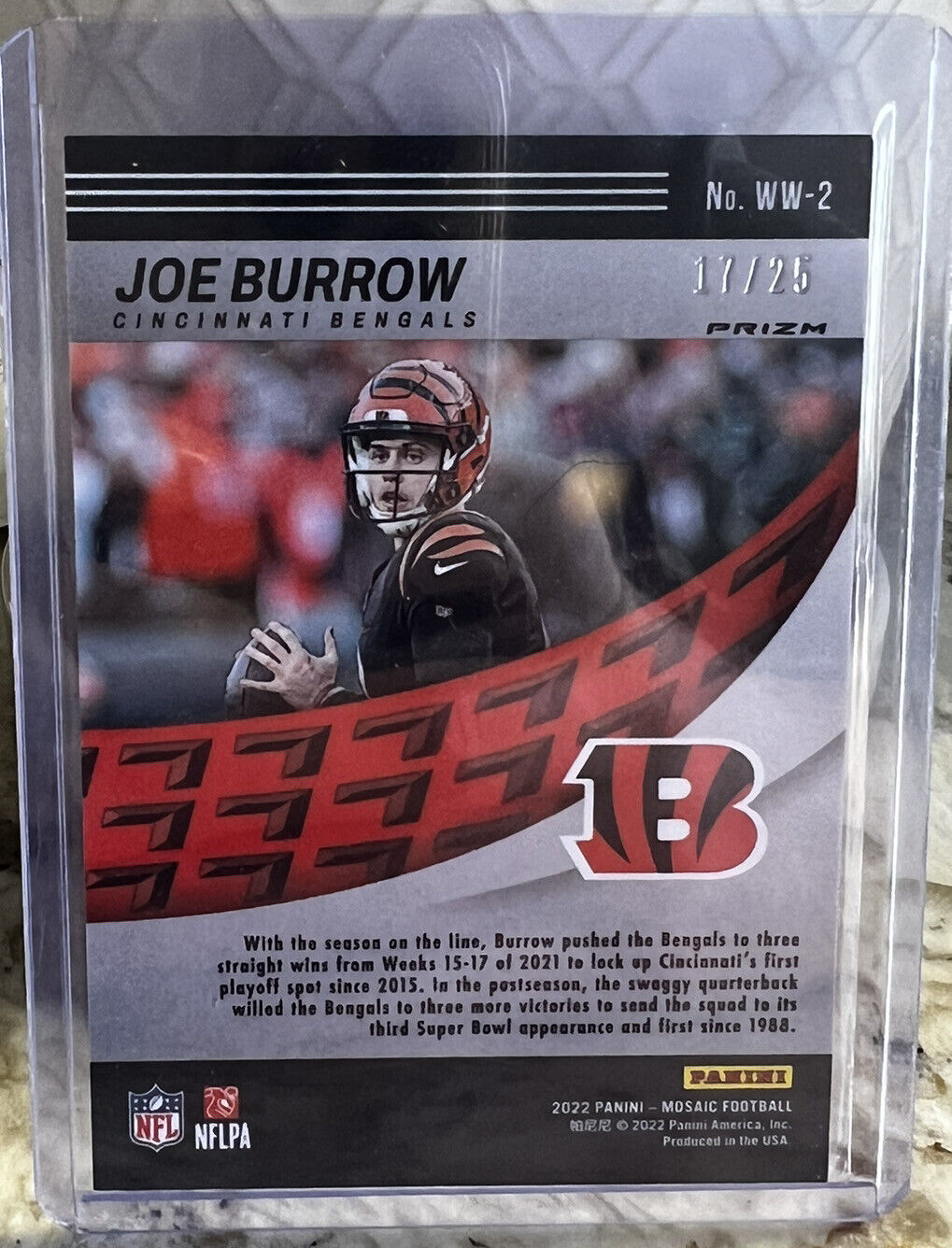 2022 Mosaic Football Joe Burrow Orange Fluorescent Will To Win #/25 Bengals #WW2