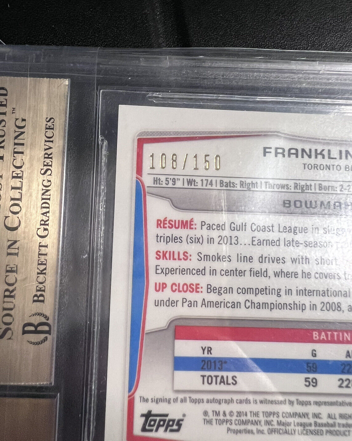 Franklin Barreto 2014 Bowman Chrome Blue Refractor Auto RC /150 BGS 9.5/10 GEM