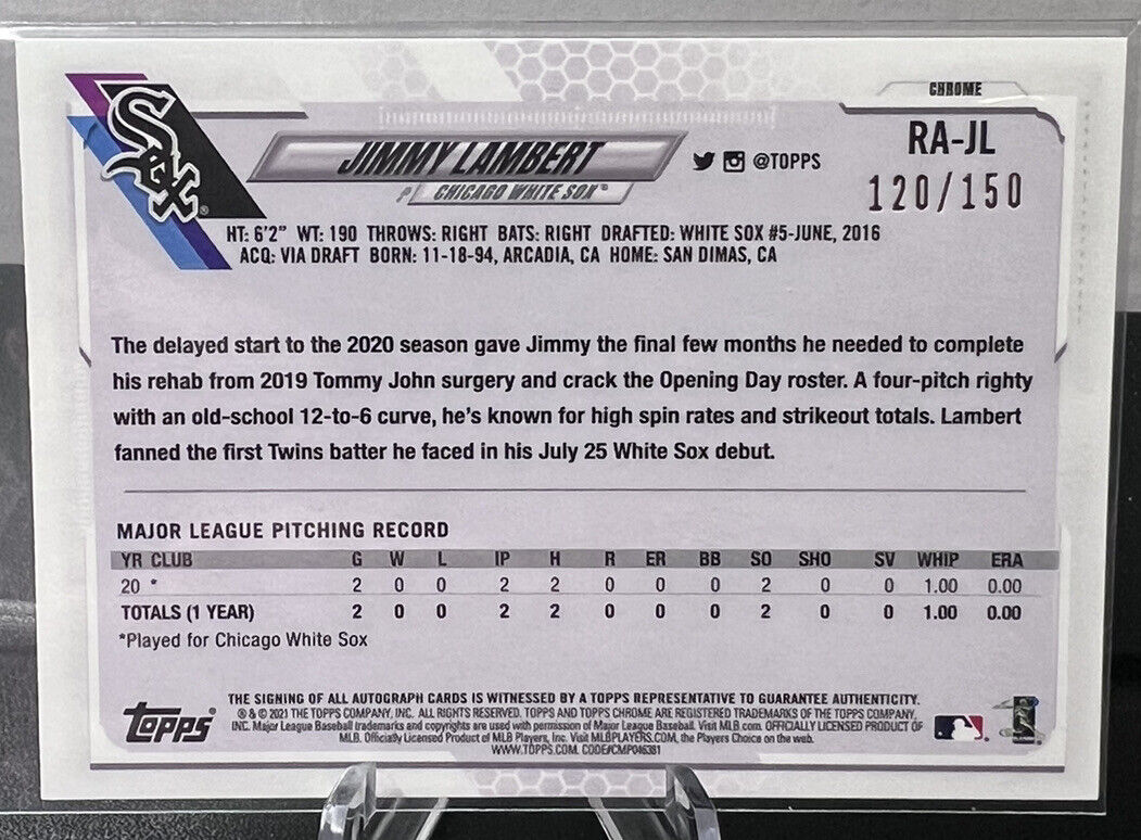 2021 Topps Chrome Blue Wave Refractor /150 Jimmy Lambert #RA-JL Rookie Auto RC