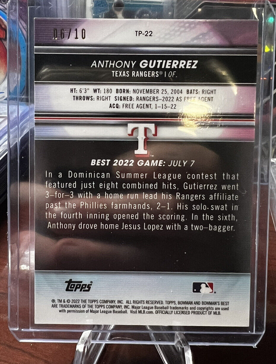 2022 bowmans best Anthony gutierrez #6/10 Red Refractor Rangers Star Prospect