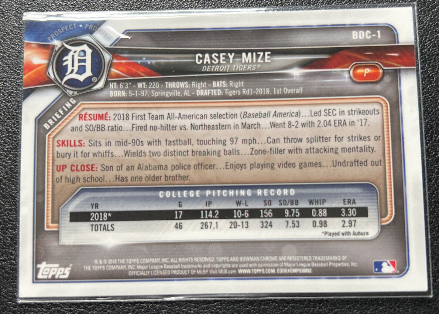 2018 Bowman Chrome Draft Casey Mize 1st Rookie Card Detroit Tigers #BCD-1