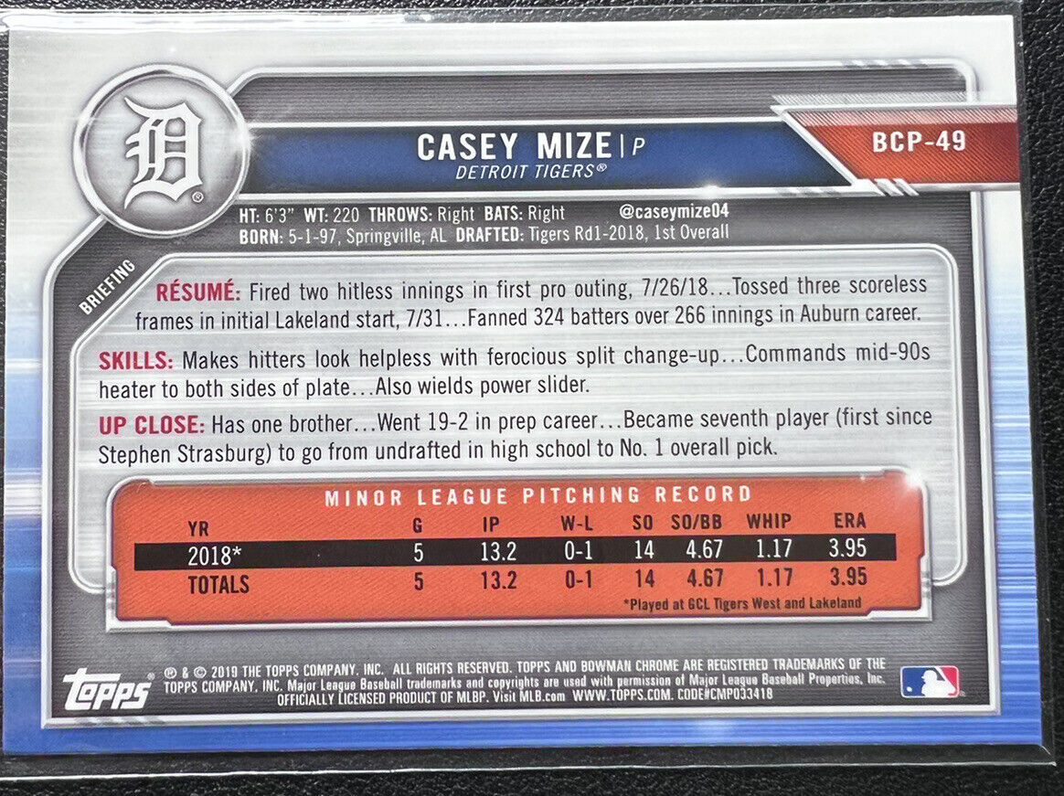 2019 Bowman Chrome Casey Mize Mega Box Mojo Refractor Mint Rookie Card RC Tigers