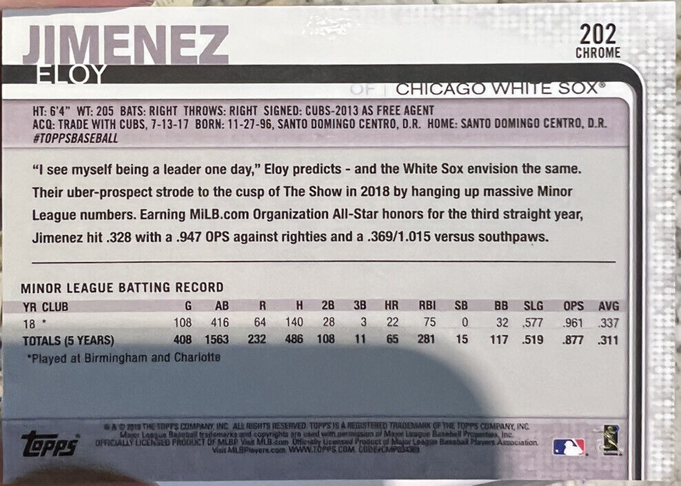 2019 Topps Chrome Flagship Eloy Jimenez Rookie Card #202 Chicago White Sox RC
