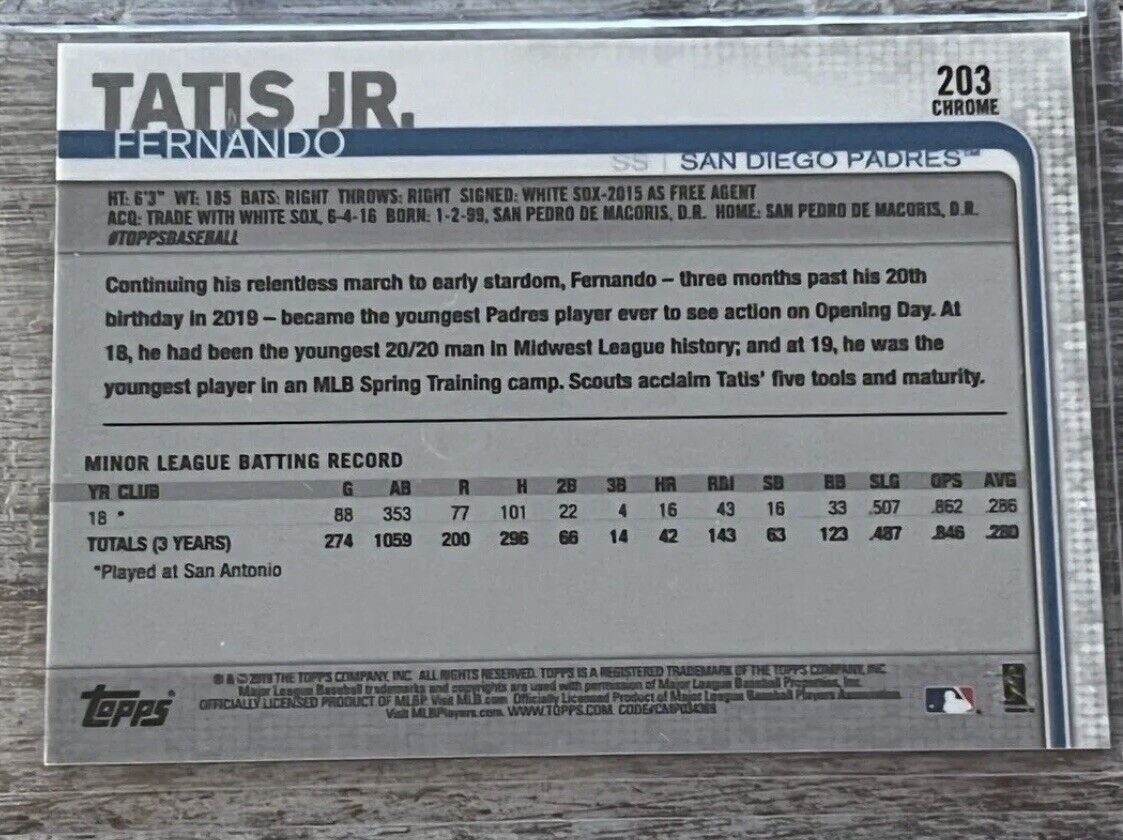 2019 Topps Chrome Fernando Tatis Jr Rookie Card RC #203 Padres Star SS