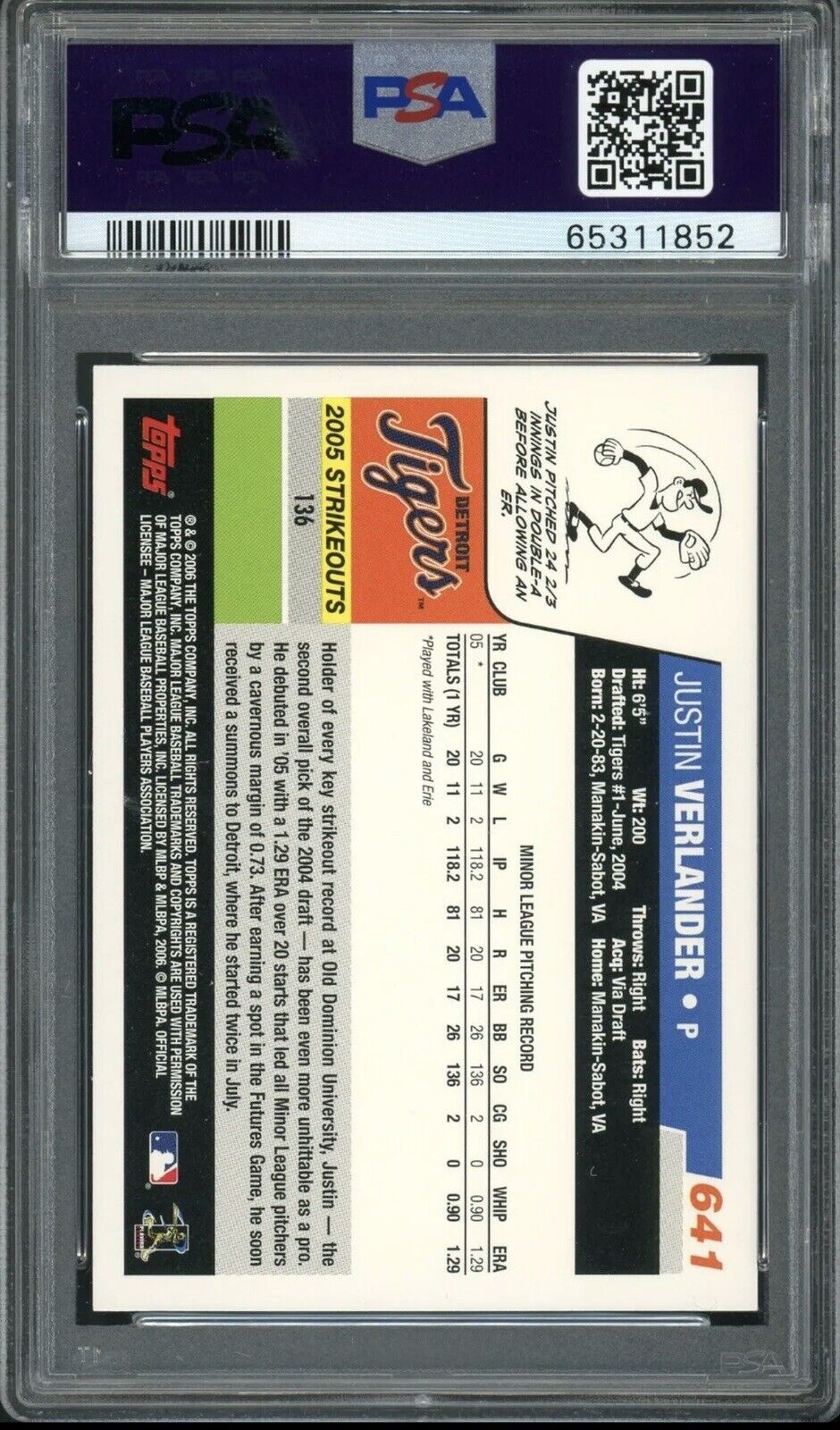 2006 Topps Justin Verlander #641 Rookie Card RC PSA 9 - 65311852 Tigers Astros P