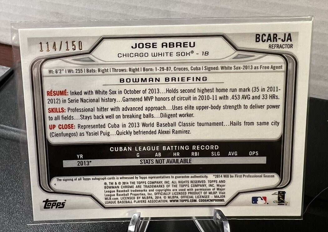 2014 Bowman Chrome Jose Abreu Rookie Card RC Auto /150 Blue Refractor CWS Astros