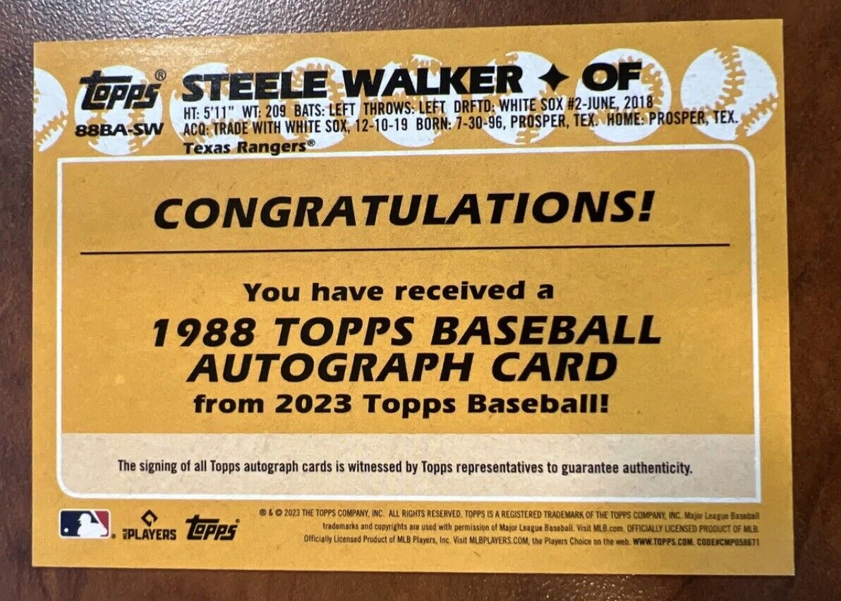 2023 Topps Series 1 Steele Walker RC 35th Anniversary 1988 Auto 🔥 Rangers CWS