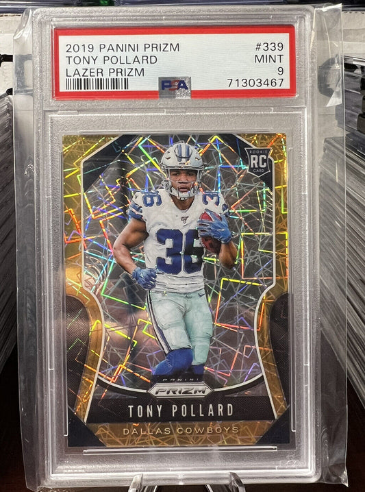 2019 Panini Prizm Tony Pollard Lazer Prizm PSA 9 rookie card RC Cowboys Star RB